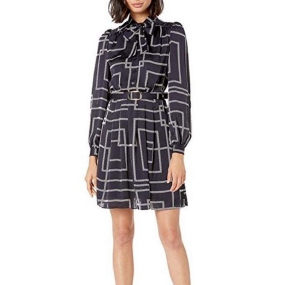 Joie Navy Blue White Geometric Long Sleeve Bow Tie Belted Mini Tasma Dress 8 NWT